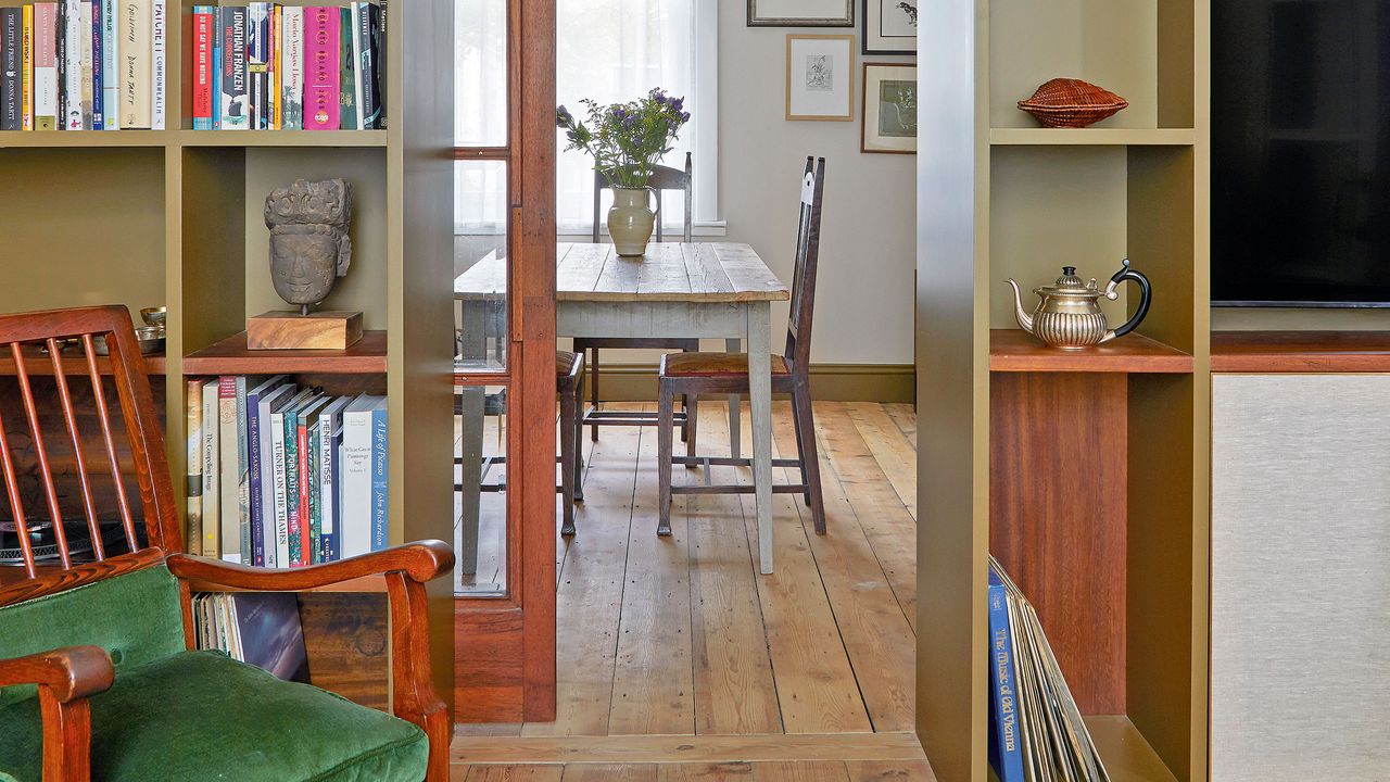 bookshelves in living and dining area