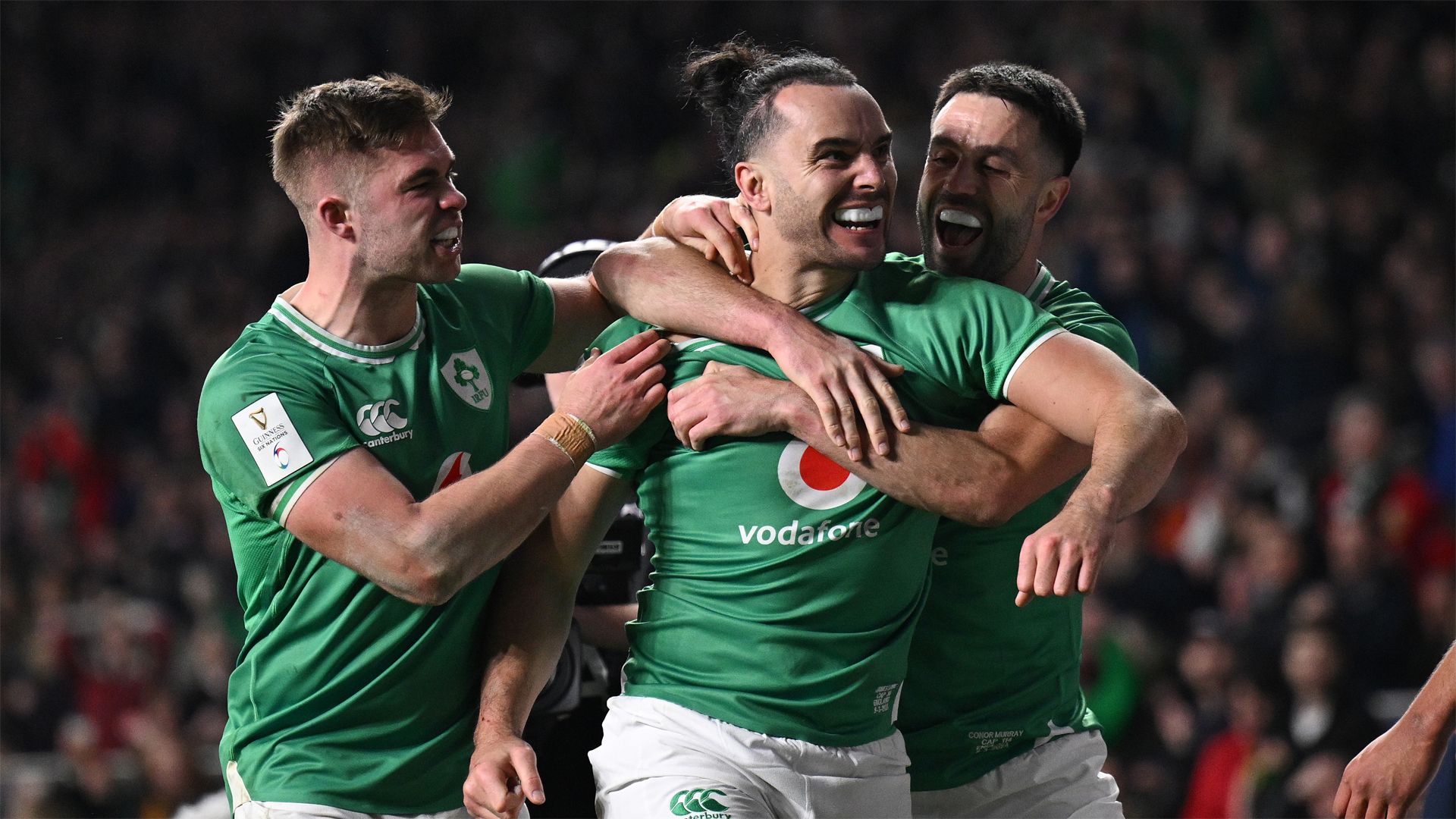 <b>James</b> <b>Lowe</b> celebrates with Jack Crowley and Conor Murray ahead of the Six N...