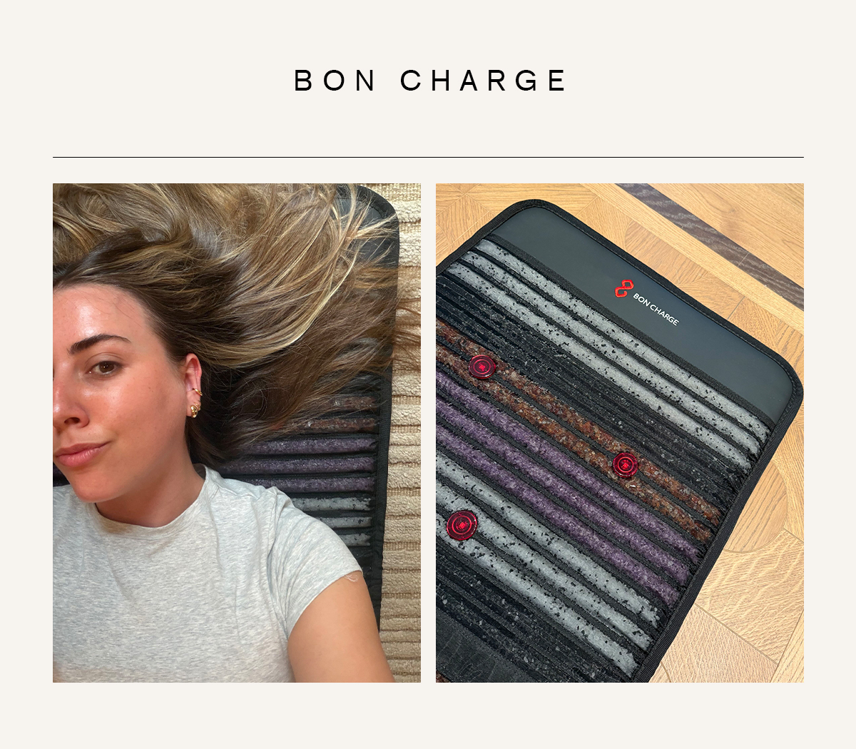 Beauty director Shannon Lawlor testing the Bon Charge PEMF mat