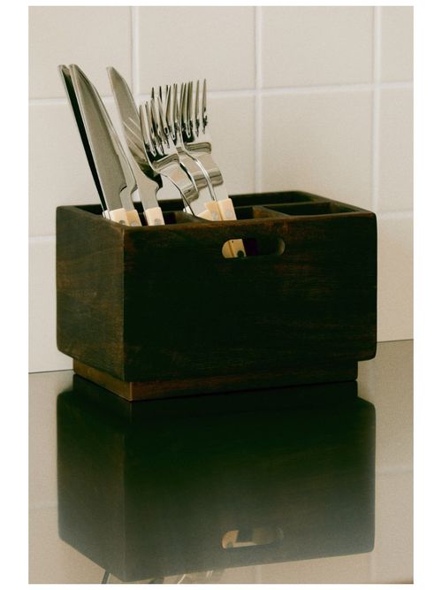 Mango Wood Cutlery Holder - Brown