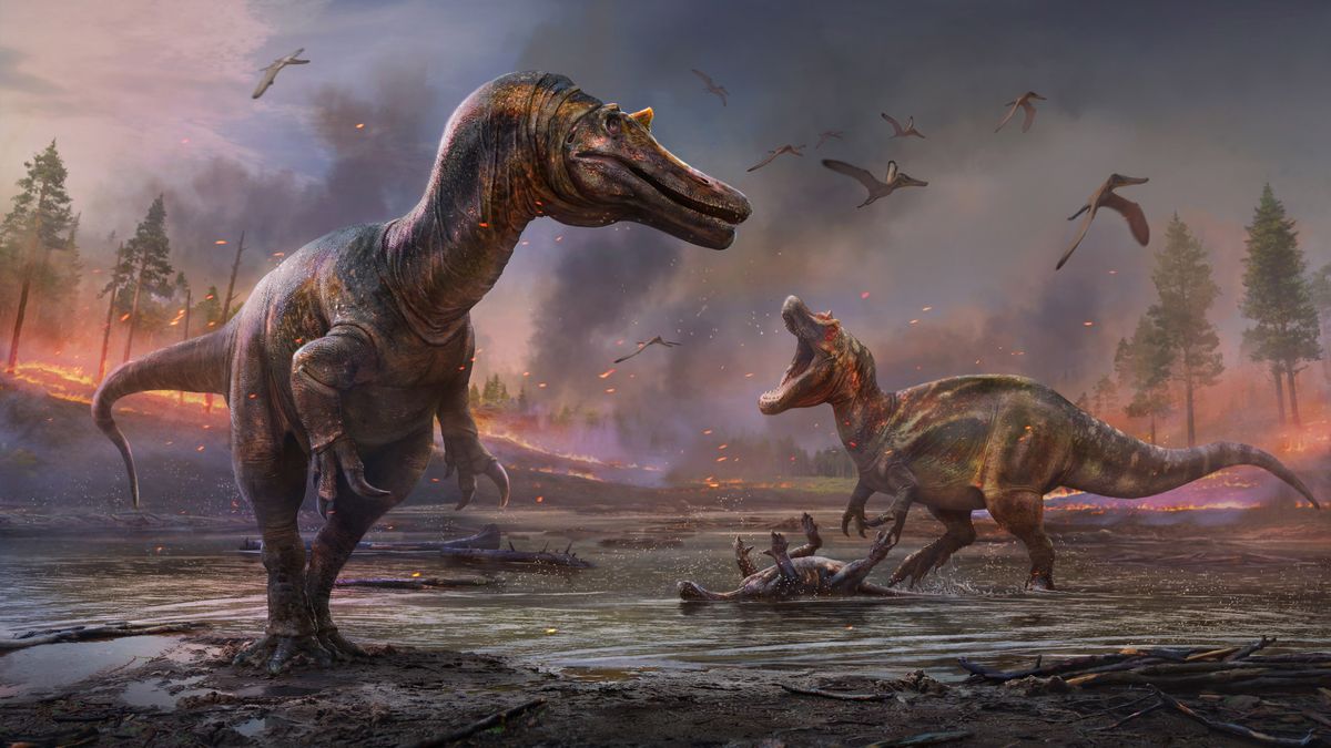 This artist&#039;s impressions shows what the the Spinosaurids would have looked like back in the day. Ceratosuchops inferodios in the foreground, Riparovenator milnerae in the background.