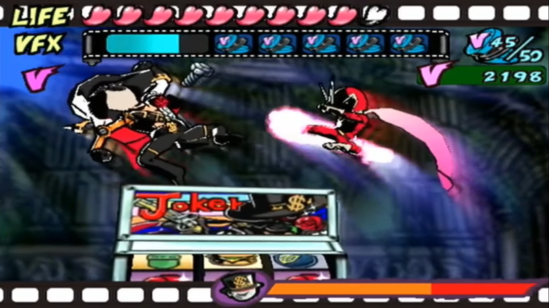 An in-game image of the player slowing down time to defeat enemies in Viewtiful Joe