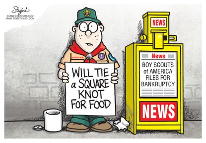 Editorial Cartoon U.S. Boy Scouts of America Roger Mosby troops badges food bankruptcy