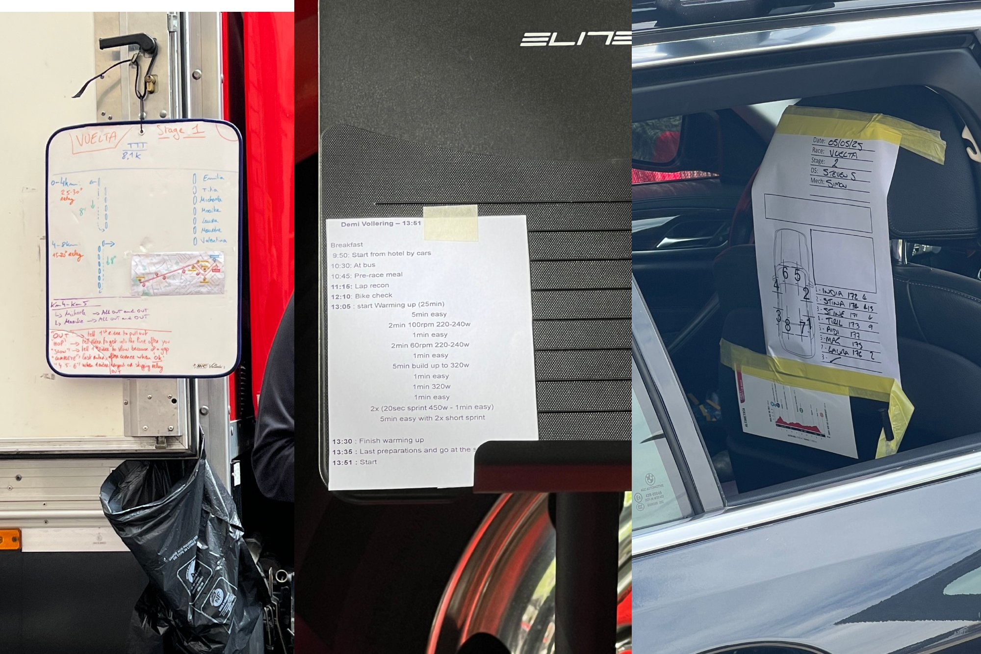 Three image collage 1. the whiteboard plan for a team time trial, 2. Vollering's warm up, 3. sheet of paper with layout of team car spare bikes on the roof
