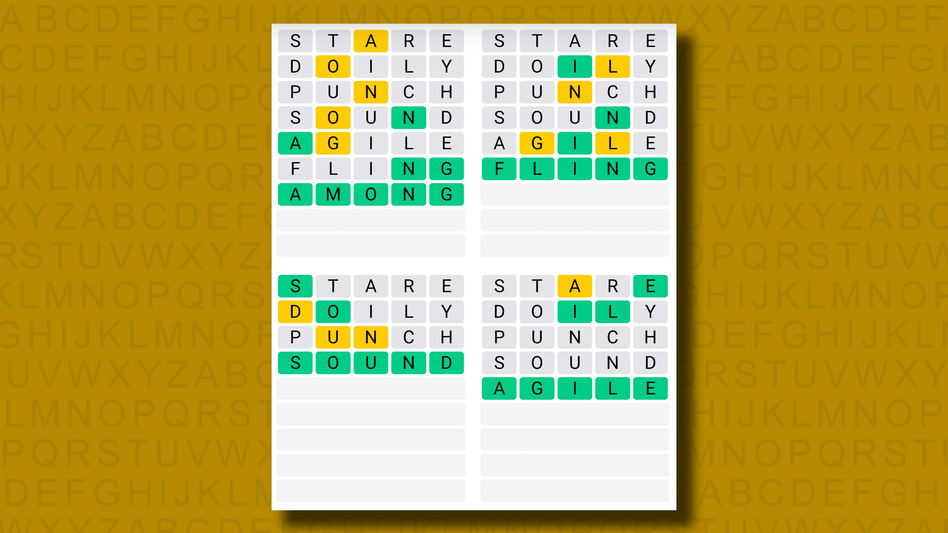 Respuestas diarias de Quordle para el juego 823 sobre un fondo amarillo