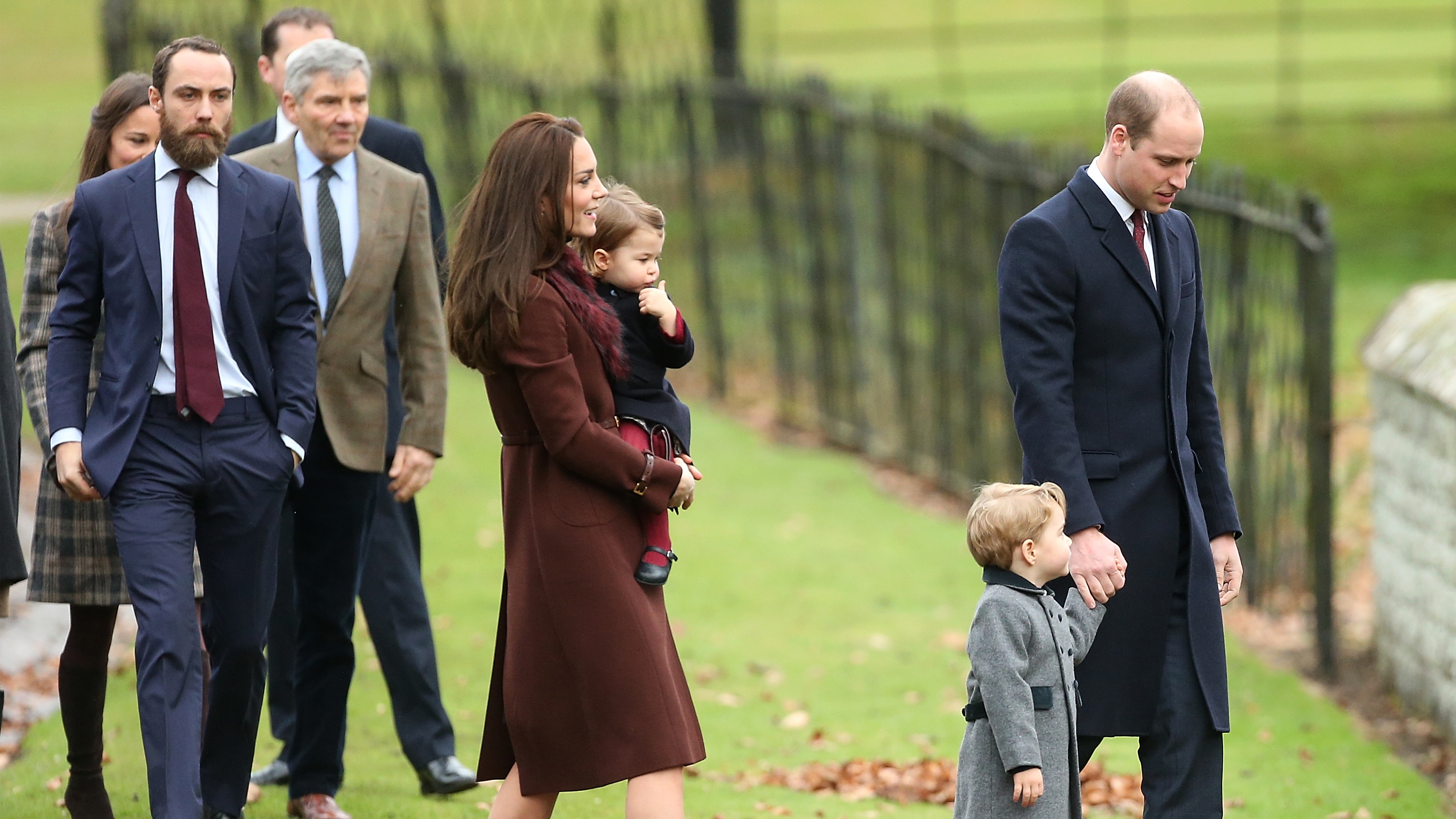 Catherine, Princess of Wales, Prince William, Prince George, Princess Charlotte, Michael Middleton, James Middleton and Pippa Middleton walk after attending Church on Christmas Day on December 25, 2016 in Bucklebury