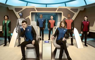 Fox's new science fiction TV series "The Orville" will send Seth MacFarlane across the final frontier in command of a starship crew. The cast (from left to right): Penny Johnson Jerald, Mark Jackson, MacFarlane, Peter Macon, Scott Grimes, Adrianne Palicki, J. Lee and Halston Sage