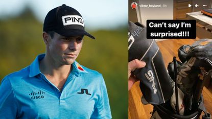 Viktor Hovland headshot pictured and a screenshot of his Instagram story showing his broken driver