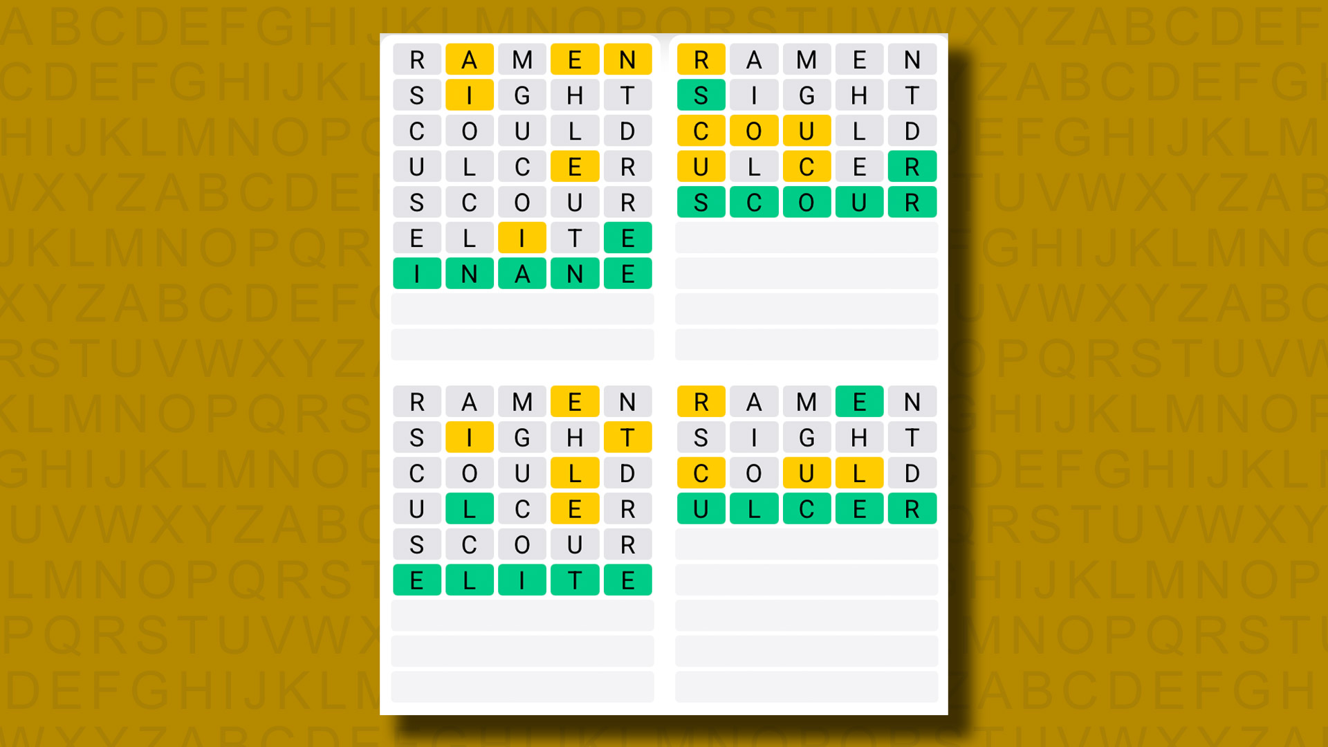 Quordle answers for game 1255 on a yellow background