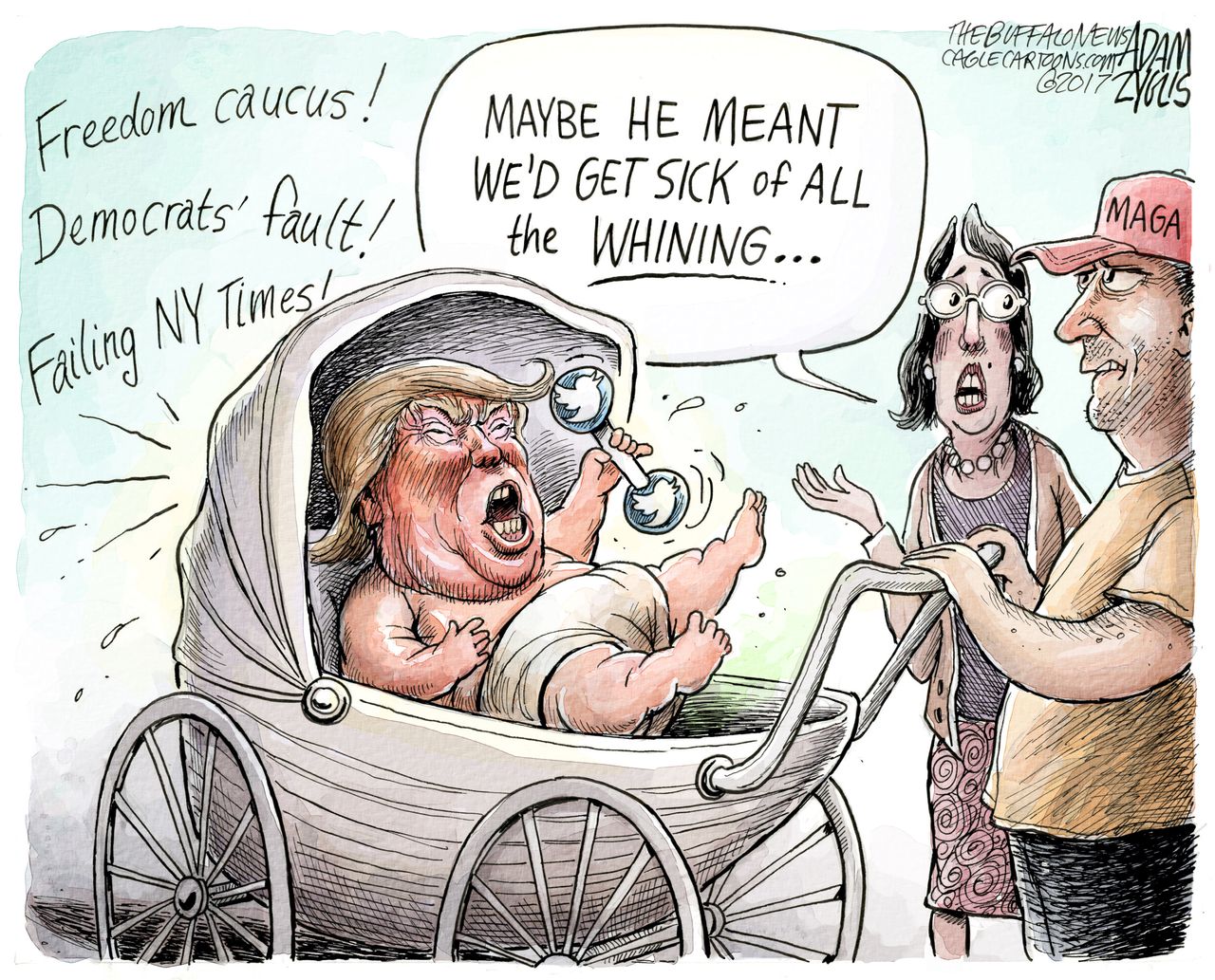 Political Cartoon U.S. Trump whining winning Failing NY Times freedom Caucus Democrats