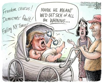 Political Cartoon U.S. Trump whining winning Failing NY Times freedom Caucus Democrats
