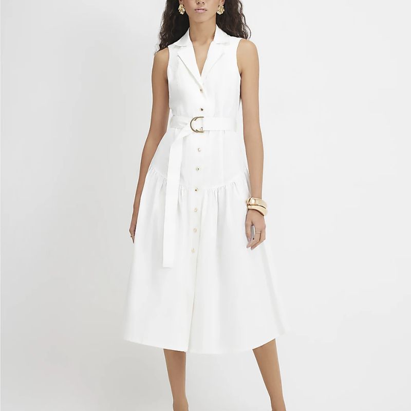 White Cotton Belted Midi Shirt Dress on model