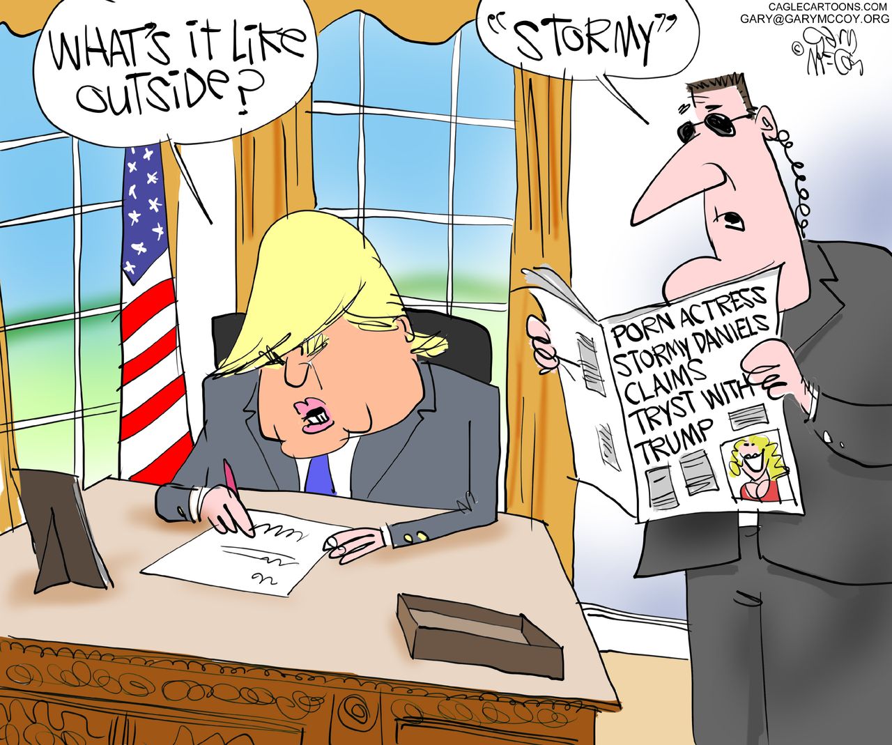 Political cartoon U.S. Trump Stormy Daniels affair allegations 60 Minutes interview