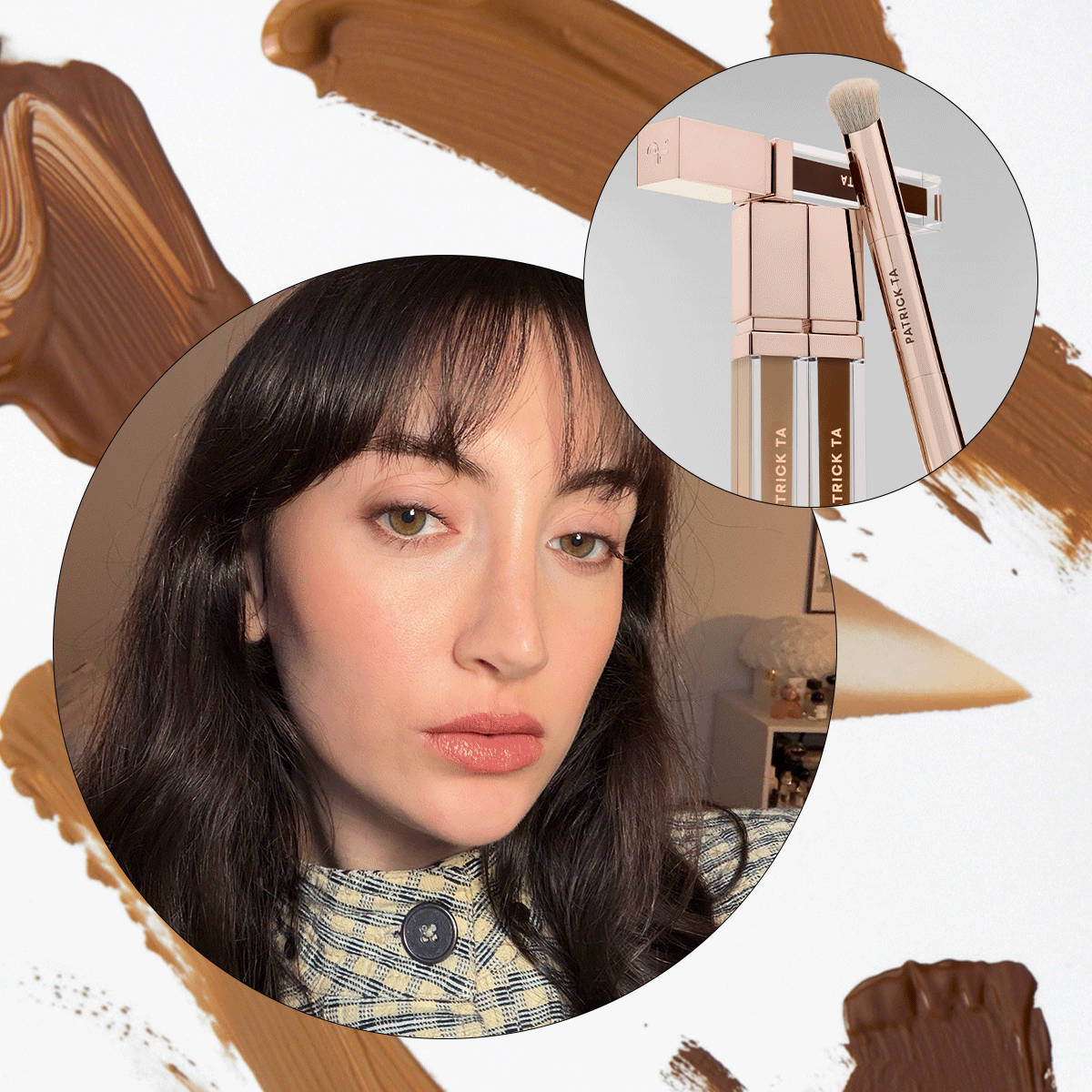 Collage of images of Who What Wear associate beauty editor Alyssa Brascia trying and wearing the Patrick Ta Major Skin Soft Blur Brightening Hydrating Concealer.