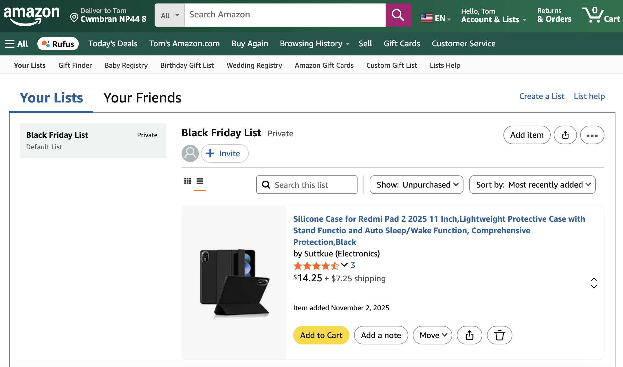 An Amazon wishlist page showing a &quot;Black Friday List&quot; with a Redmi Pad 2 silicone case priced at $14.25 plus shipping.
