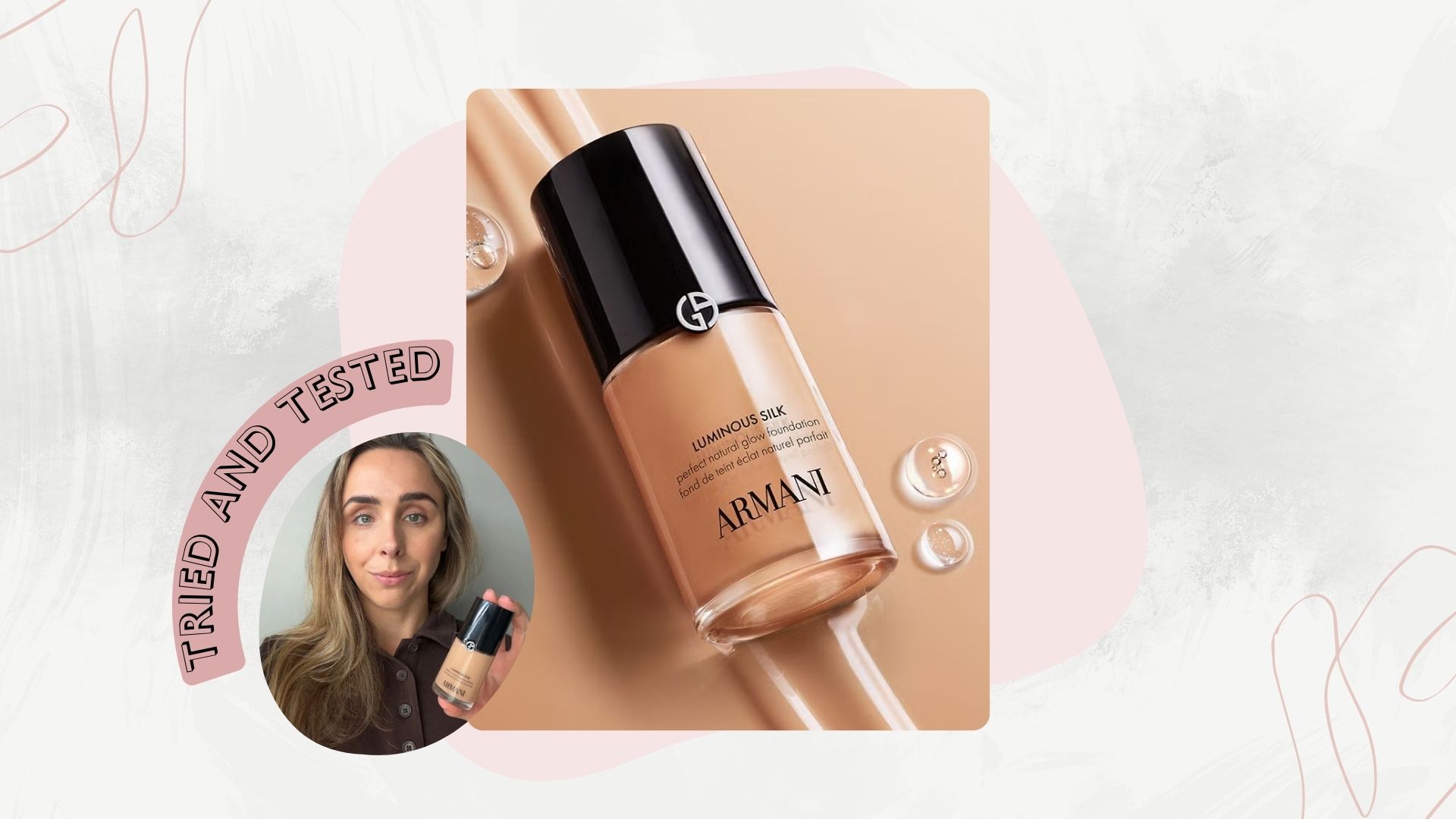 A bottle of luminous silk foundation next to an image of beauty editor emma stoddart holding the reformulated bottle