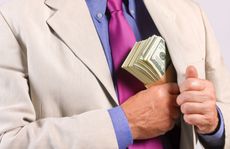 Concept art showing a man putting money in his jacket pocket. 