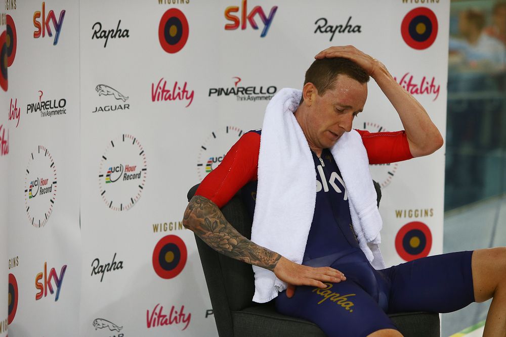 Bradley Wiggins recovers after breaking the UCI One Hour Record at Lee Valley Velopark Velodrome