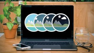 Graphic of 4 mountain scenes in circles on a computer screen