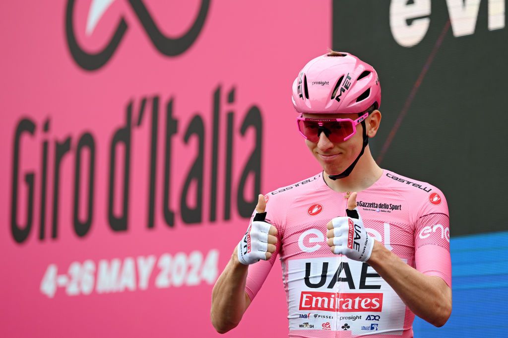 NOVARA ITALY MAY 06 EDITORS NOTE Alternate crop Tadej Pogacar of Slovenia and UAE Team Emirates Pink Leader Jersey prior to the 107th Giro dItalia 2024 Stage 3 a 166km stage from Novara to Fossano 374m UCIWT on May 06 2024 in Novara Italy Photo by Dario BelingheriGetty Images