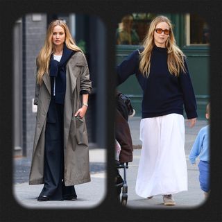 Jennifer Lawrence in trench coat outfit and a sweater-and-skirt outfit