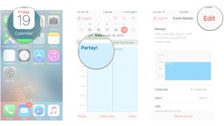 Share an event in Calendar on iPhone and iPad by showing: Launch Calendar, tap the event, tap Edit