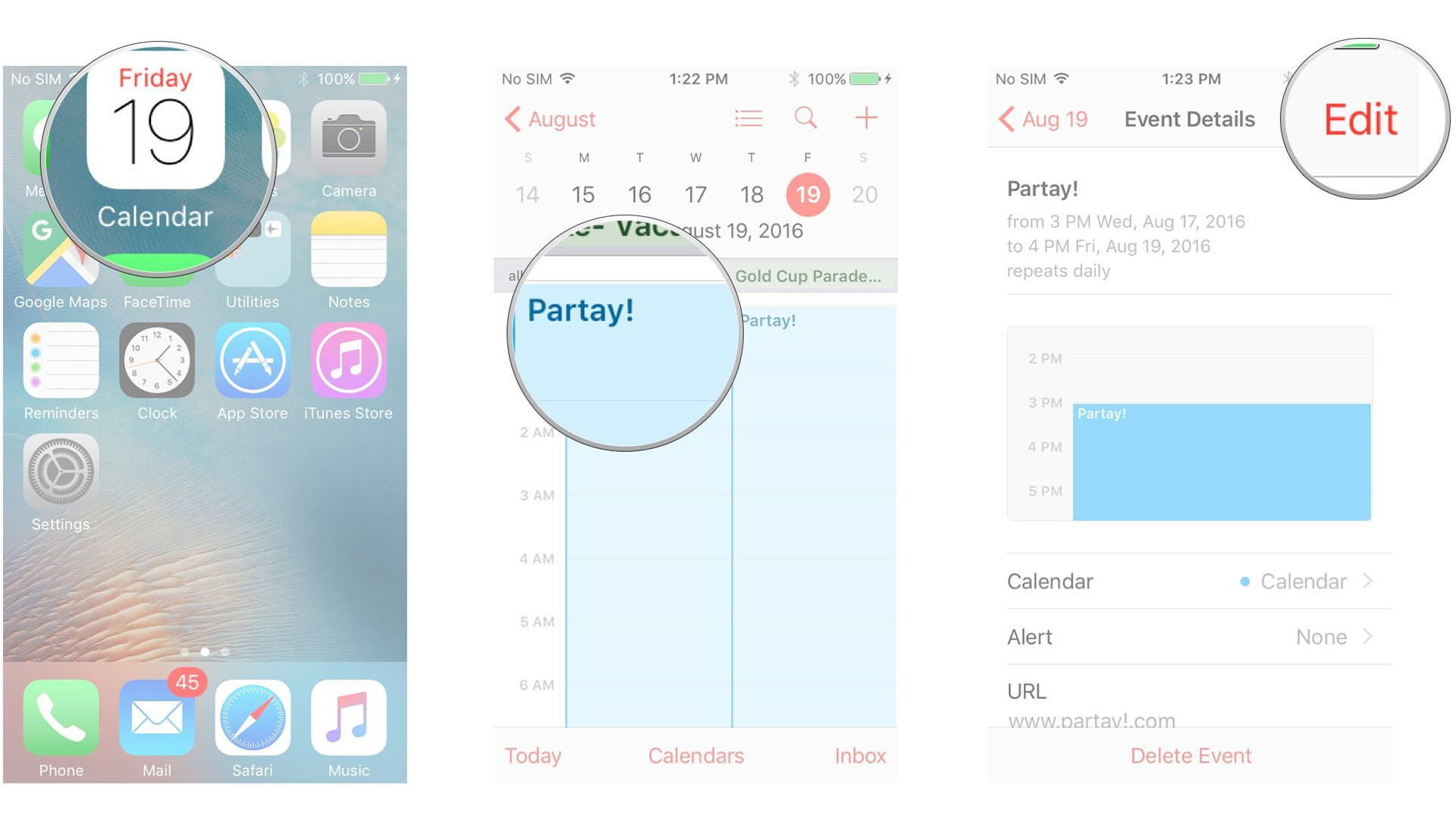 Share an event in Calendar on iPhone and iPad by showing: Launch Calendar, tap the event, tap Edit