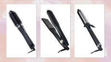 Collage of ghd hair tools, including the Duet Blowdry Brush, Max Styler and Curve Classic Curl Tong, on a pink watercolour background