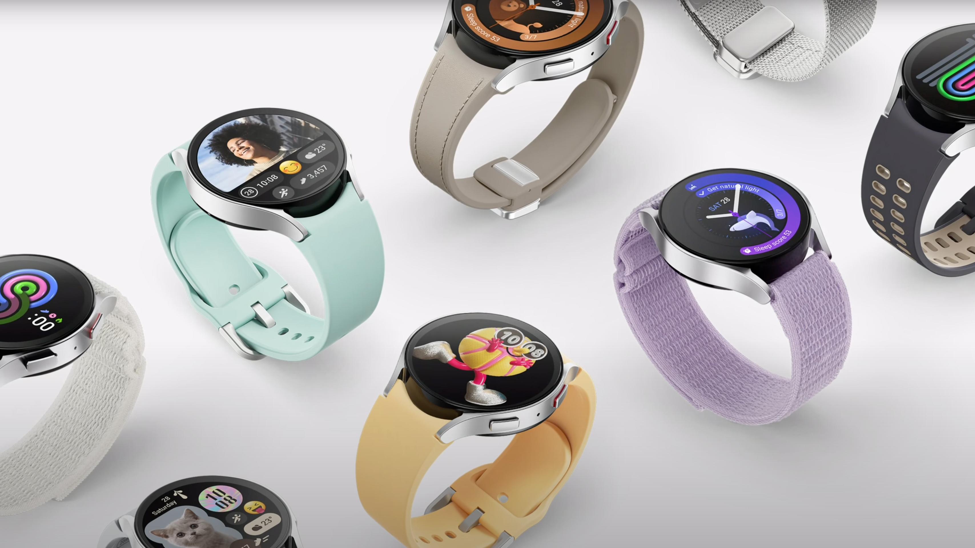 Various Samsung Galaxy Watch 6 watches sitting on a table