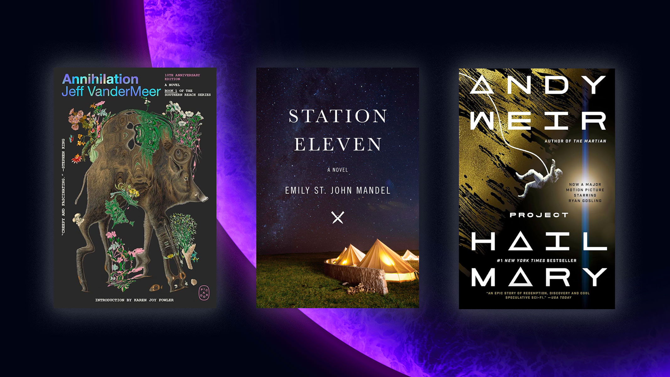 The book covers for Annihilation, Station Eleven and Project Hail Mary against a purple planet background.