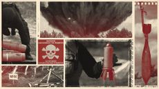 Photo collage of Ukrainian deminers holding various unexploded devices, warning signs, and a controlled detonation
