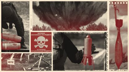 Photo collage of Ukrainian deminers holding various unexploded devices, warning signs, and a controlled detonation