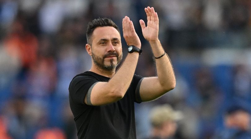 Brighton manager Roberto De Zerbi applauds the fans after the Seagulls&#039; 2-2 draw against Liverpool in October 2023.