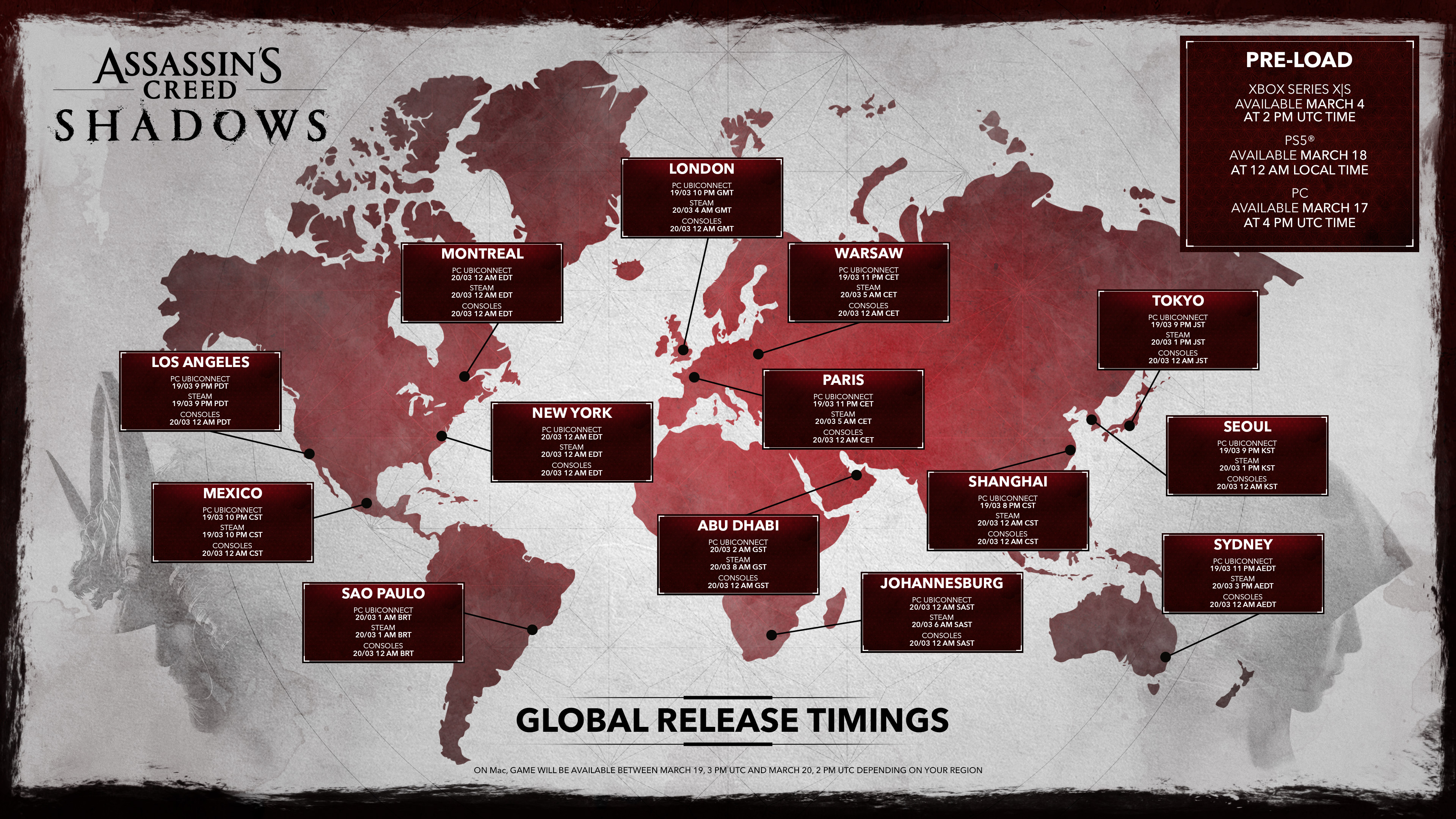 Assassin's Creed Shadows preload and unlock timing map