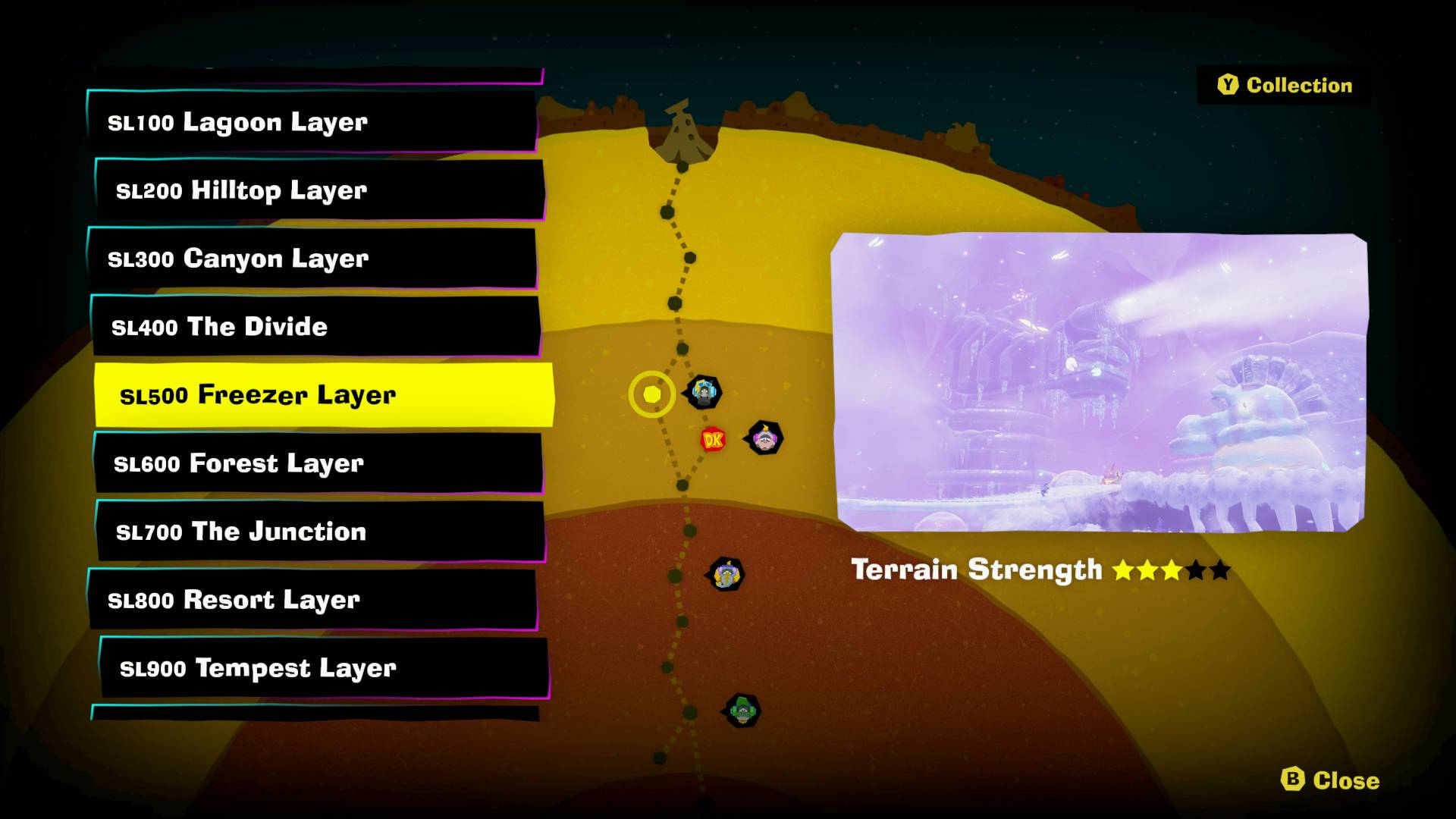 Donkey Kong Bananza sublayers and levels on Warp Gong teleport map