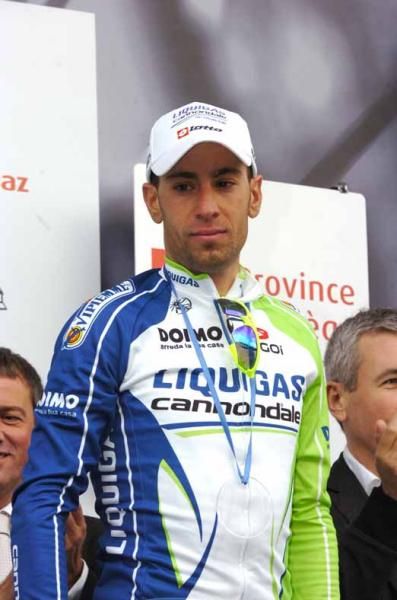 Vincenzo Nibali (Liquigas-Cannondale) endures the podium protocol.