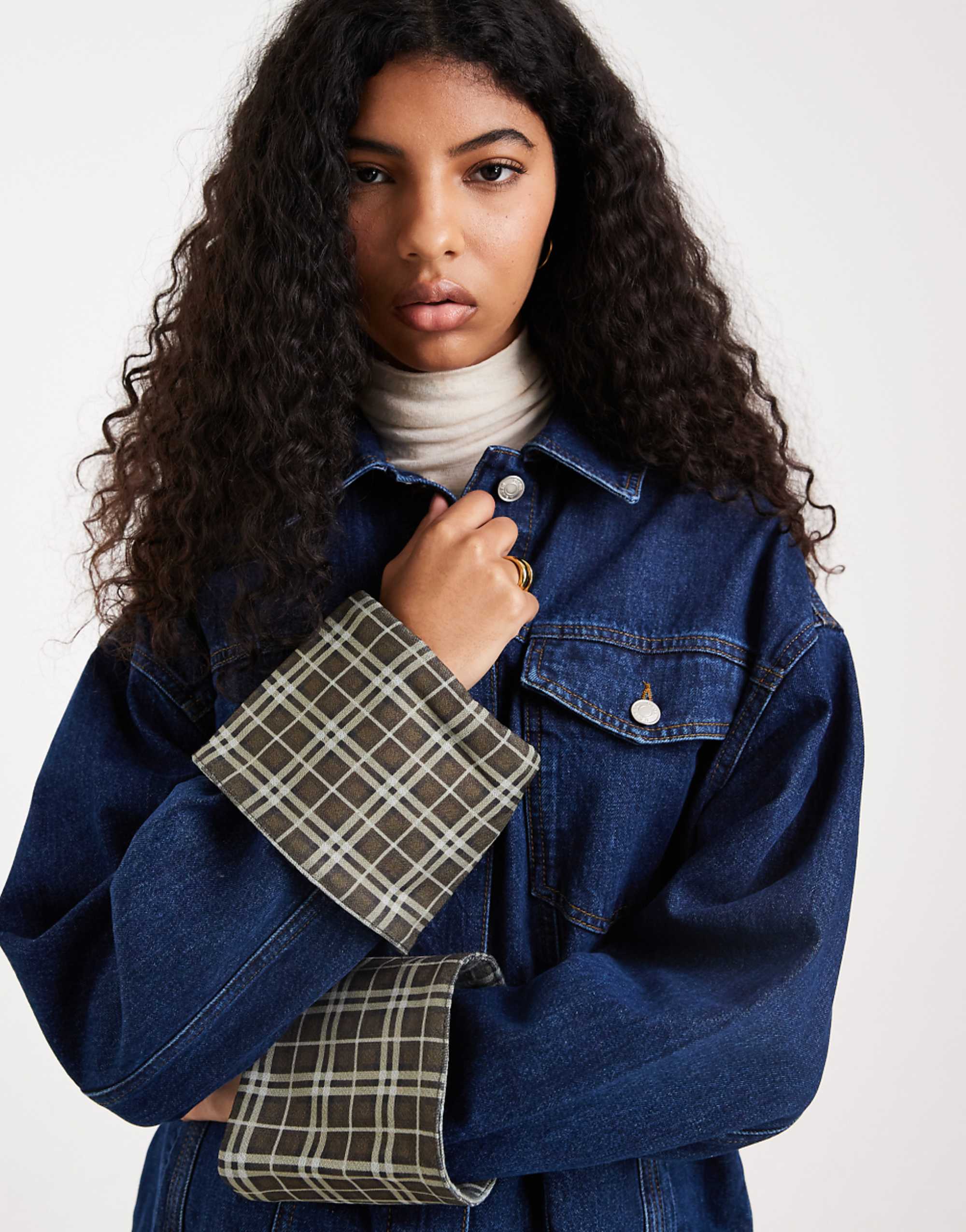 Asos Design Denim Oversized Jacket With Check Print Cuff Detail in Indigo