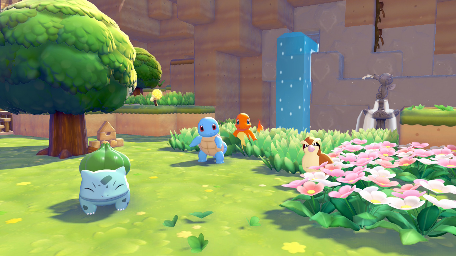 Pokopia screenshot of Bulbasaur, Squirtle, Charmander, and Pidgey on Switch 2