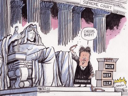 Political cartoon U.S. Brett Kavanaugh Supreme Court beer cheers Lady Justice