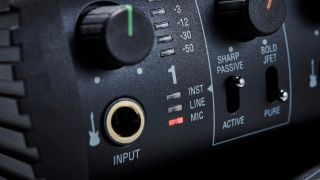 Close up of the input on an IK Multimedia guitar audio interface