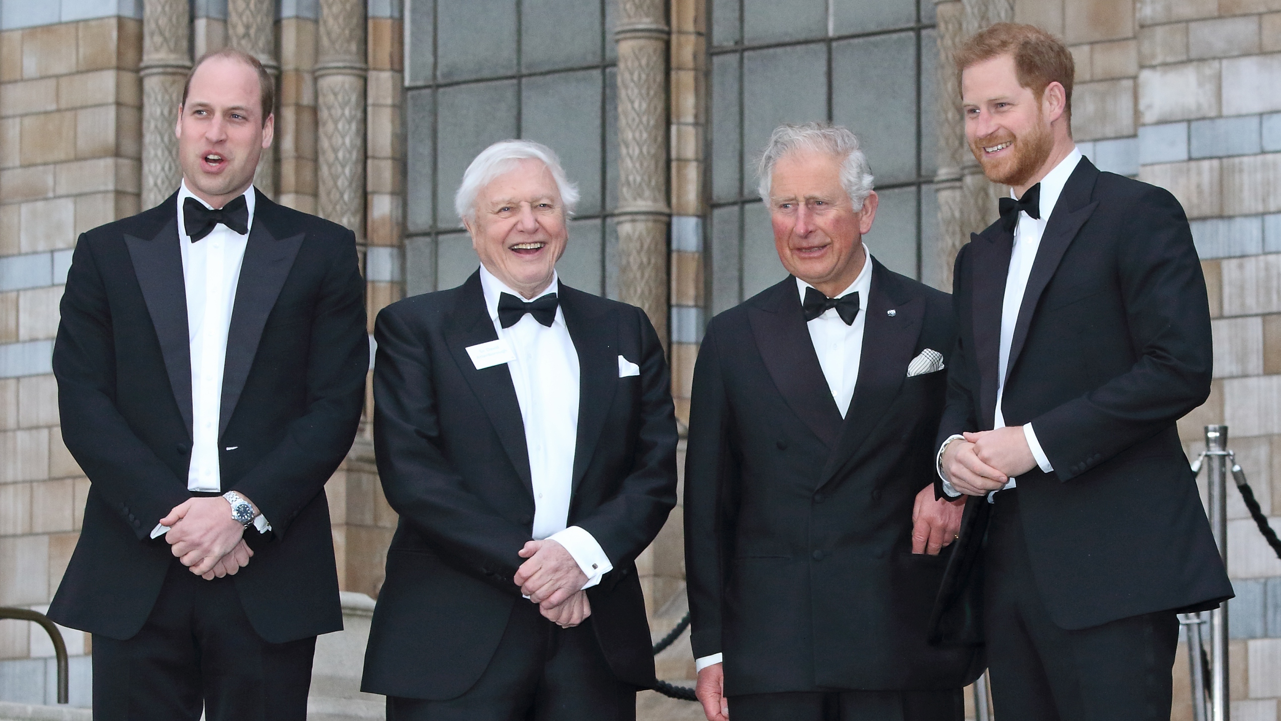 King Charles, Prince William and Prince Harry with Sir David Attenborough at the World Premiere of Netflix's Our Planet at the Natural History Museum