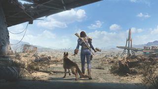 A screenshot of a female player from Fallout 4 walking through the Wasteland with her dog.