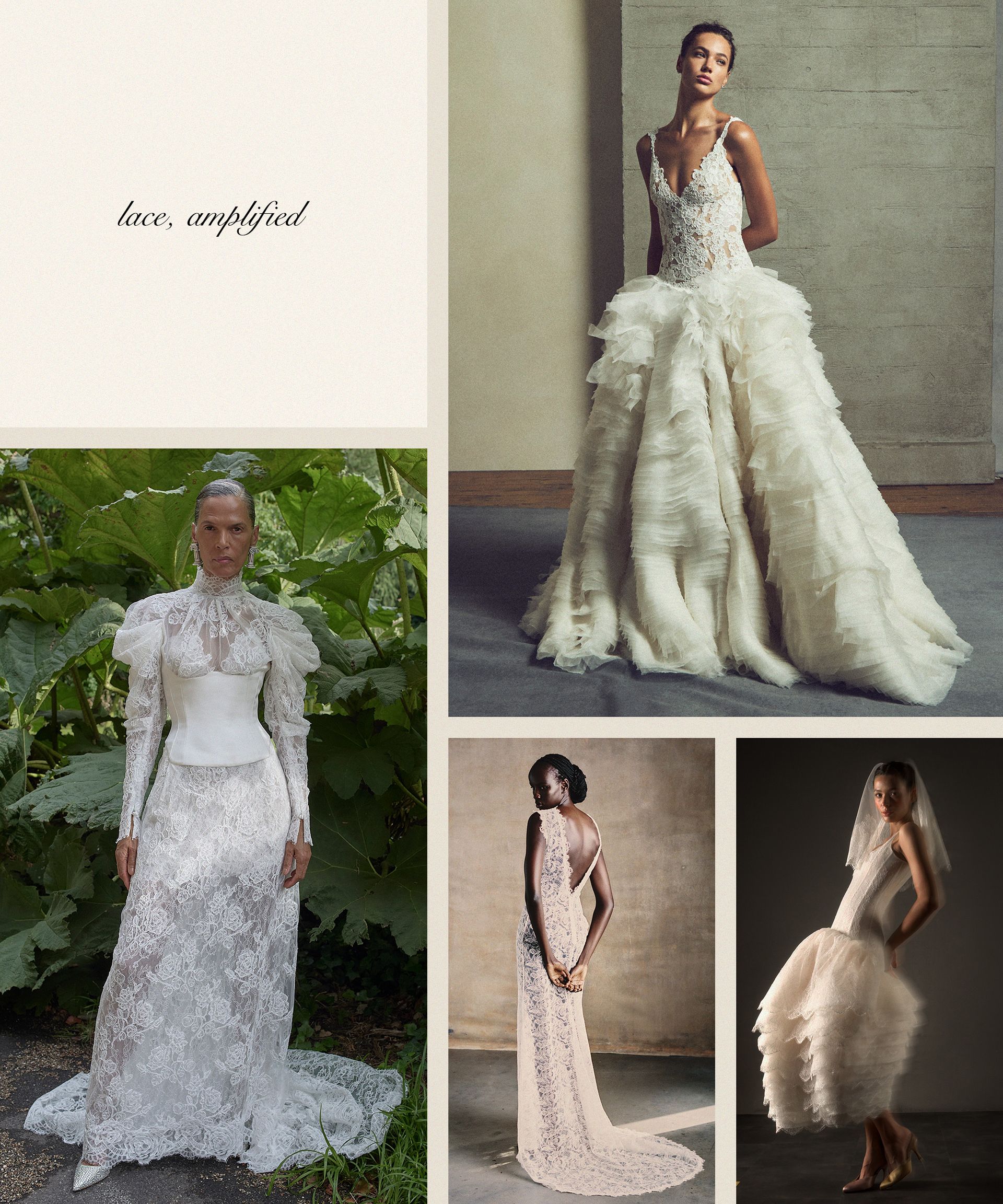 a collage of lace wedding gowns.