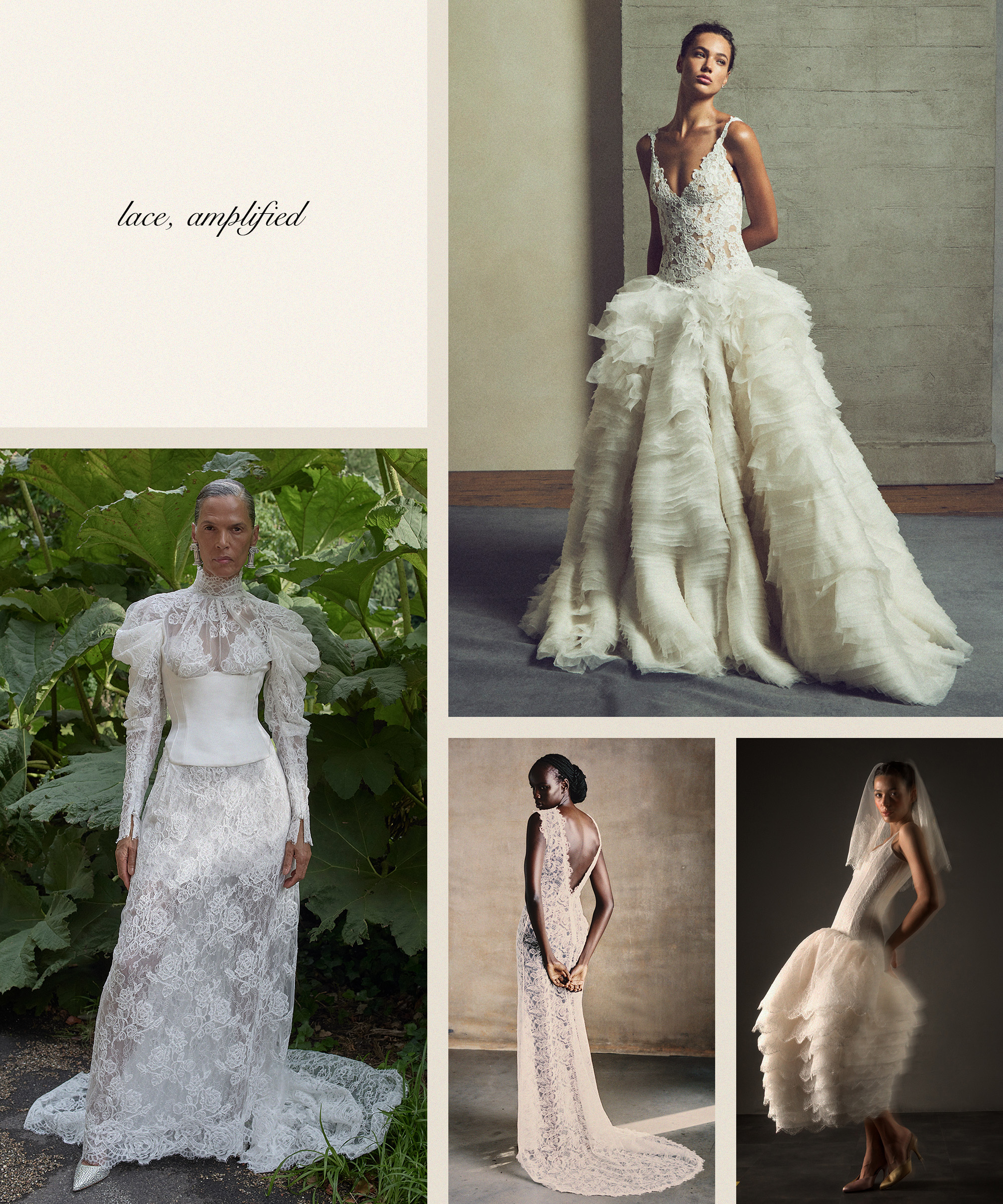 a collage of lace wedding gowns.