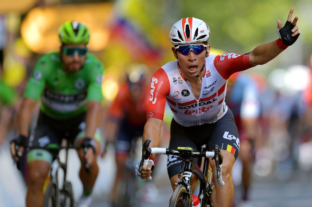 Lotto Soudal sprinter Caleb Ewan&#039;s expression is a combination of disbelief and relief as he takes his first Tour de France stage victory on stage 11 of the 2019 edition of the race