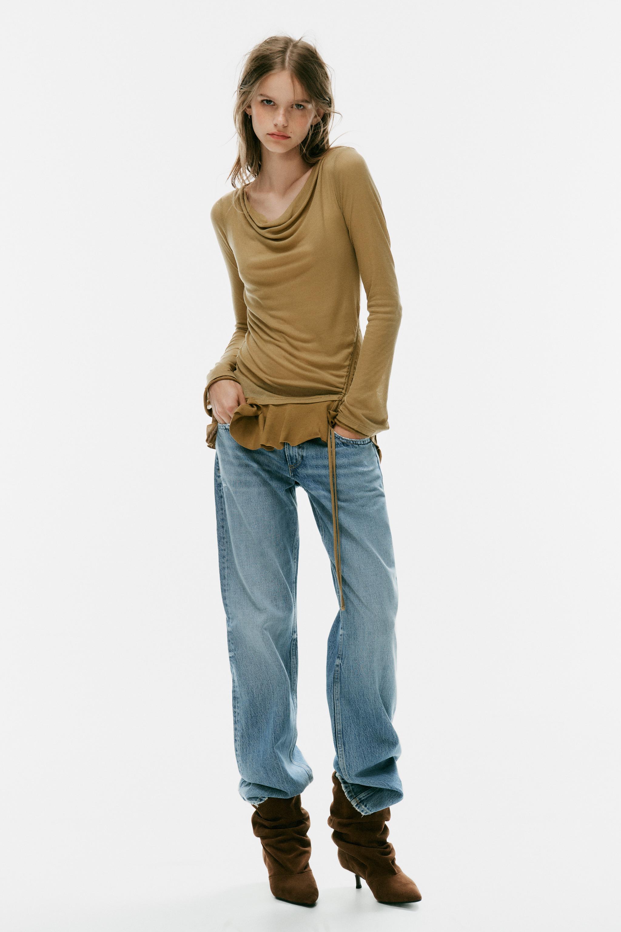 Asymmetric Ruffle Top With Ruching - Caramel - S