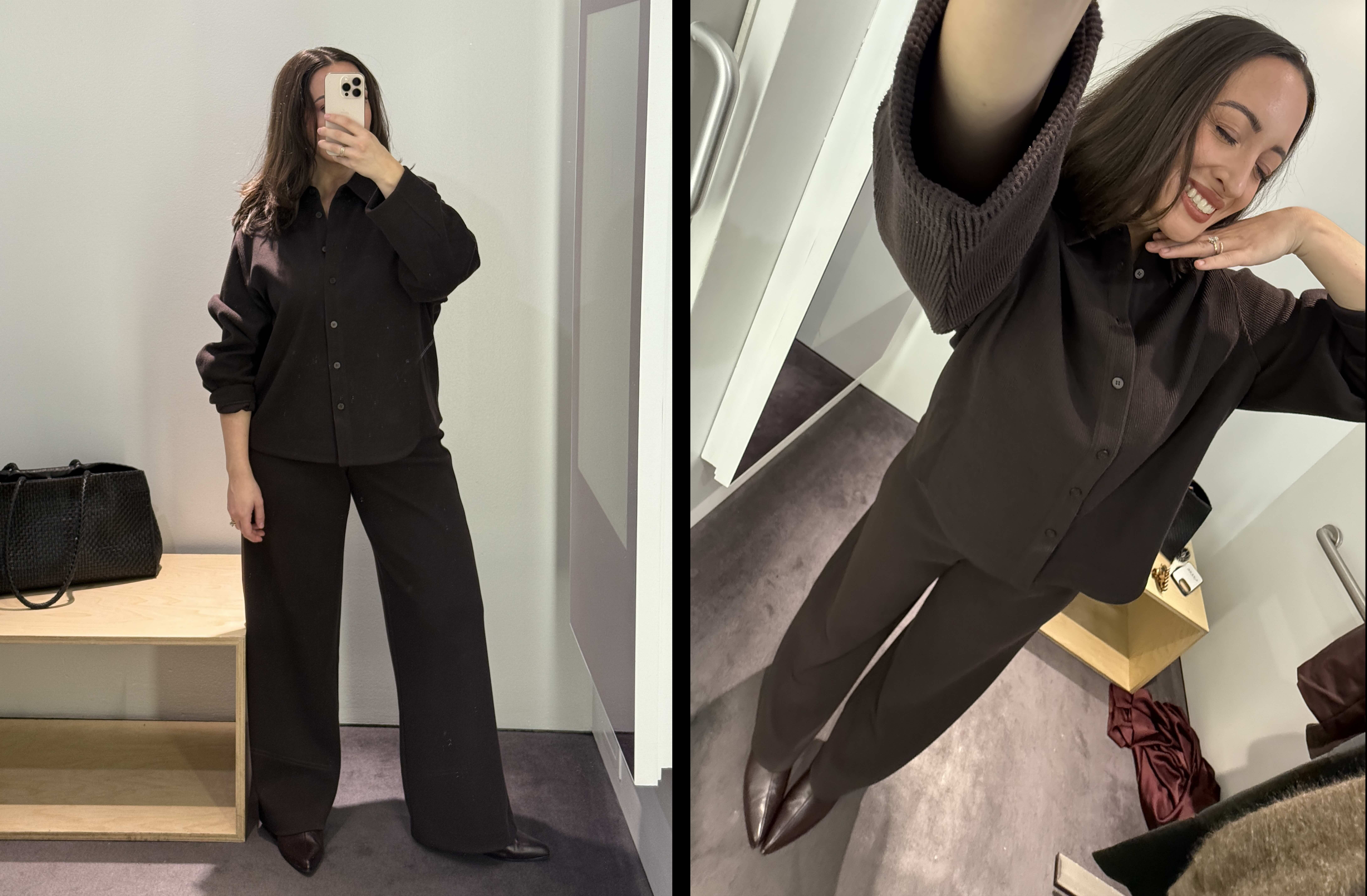 Bella Gerard trying on a brown corduroy set at Cos