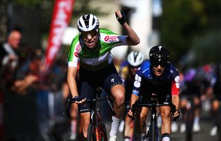PERNES-LES-FONTAINES, FRANCE - SEPTEMBER 11: Mischa Bredewold of Netherlands and Team SD Worx - Protime - Green Points Jersey celebrates at finish line as stage winner during to 23rd Tour Cycliste Feminin International de l'Ardeche 2025, Stage 3 a 119km stage from Avignon to Pernes-les-Fontaine on September 11, 2025 in Pernes-les-Fontaine, France. (Photo by Alex Broadway/Getty Images