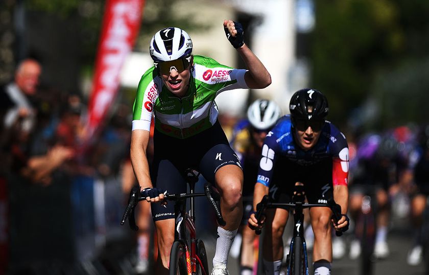 PERNES-LES-FONTAINES, FRANCE - SEPTEMBER 11: Mischa Bredewold of Netherlands and Team SD Worx - Protime - Green Points Jersey celebrates at finish line as stage winner during to 23rd Tour Cycliste Feminin International de l&#039;Ardeche 2025, Stage 3 a 119km stage from Avignon to Pernes-les-Fontaine on September 11, 2025 in Pernes-les-Fontaine, France. (Photo by Alex Broadway/Getty Images