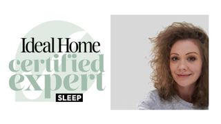 Ideal Home certified expert sleep logo in green next to a headshot of amy lockwood